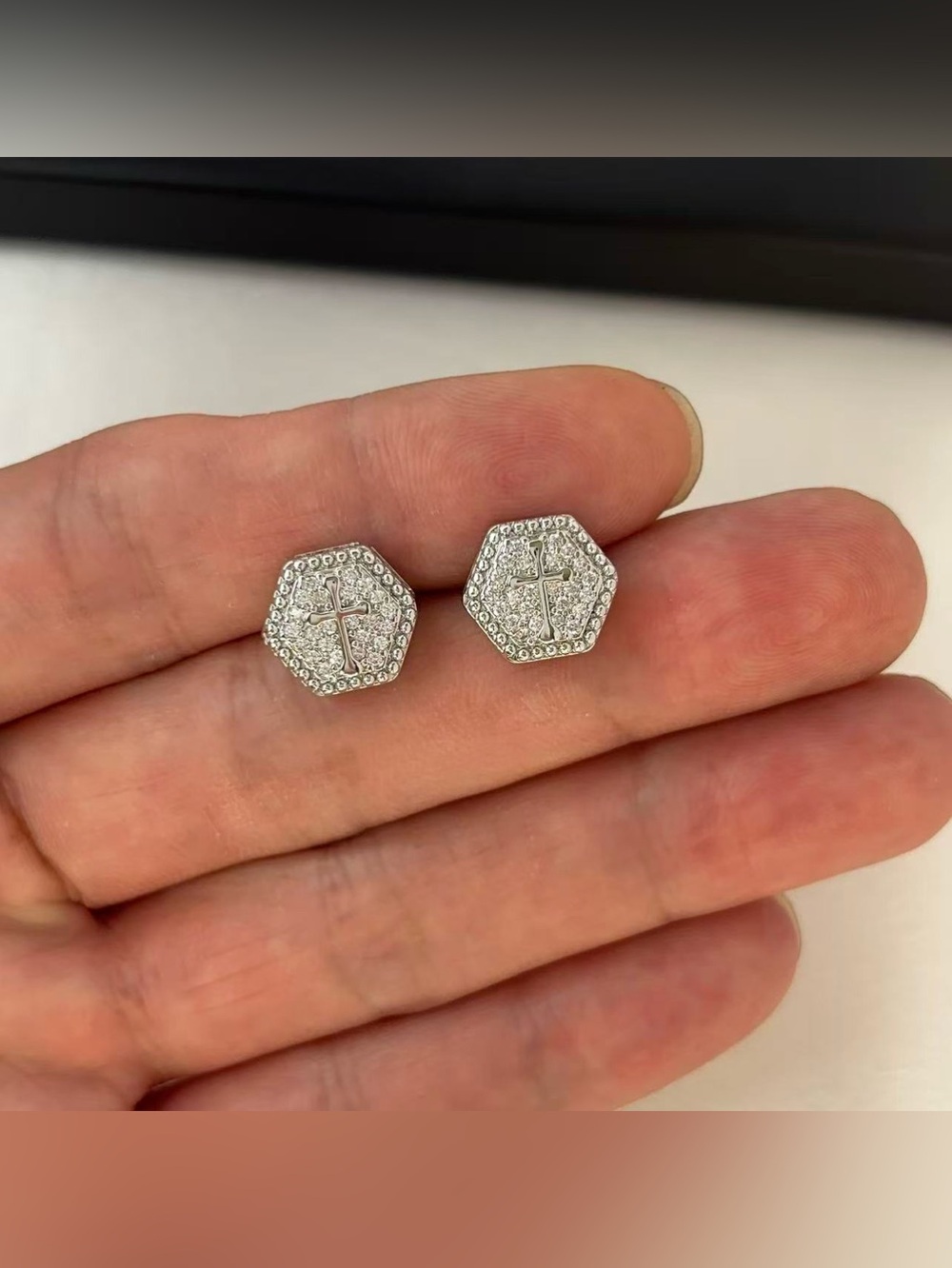 12mm CZ Cross Stud Earrings for Men Women Hip Hop Punk Rock Unisex Style